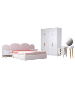 Bedroom, Juliette, melamine, textile upholstery, white, 184x60xH230 cm; 120x45xH84 cm; 68x22xH68 cm; 60x45xH50 cm; 308x215xH105 cm