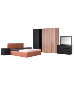 Bedroom, Matteo, melamine, textile upholstery, brown/black, 256x63xH221 cm; 125x47xH72 cm; 112x22xH75 cm; 58x47xH53 cm; 190x225xH90 cm