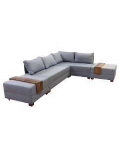 Corner sofa, Fly, right, wooden frame, textile upholstery, plastic legs, bed opsion, blue, 285x75x80 cm