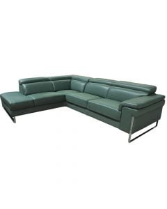 Corner sofa, left, leather, stainless steel legs, dark green, (293x232)x105xH81/100 cm