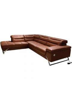 Corner sofa, left, leather, metal legs, reddish brown, (290x230)x104xH75/98 cm