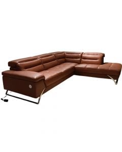 Corner sofa, right, leather, metal legs, reddish brown, (290x230)x104xH75/98 cm