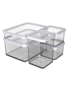 Set me tasa konservues (5 copë), plastike, transparente/e bardhë, 1x2.25 L / 2x1 L / 2x0.5 L