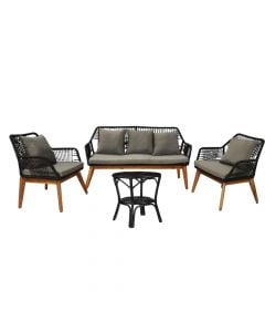 3-seater armchair set + single armchair + table, black color, 72x152xH80 cm/72x74xH80 cm/ Dia.55xH56 cm, tropical Acacia wood