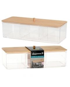 Organizer box with compartments, Eleganza, plastic/bamboo, 23x9.5x6.5 cm, transparent, 1 piece